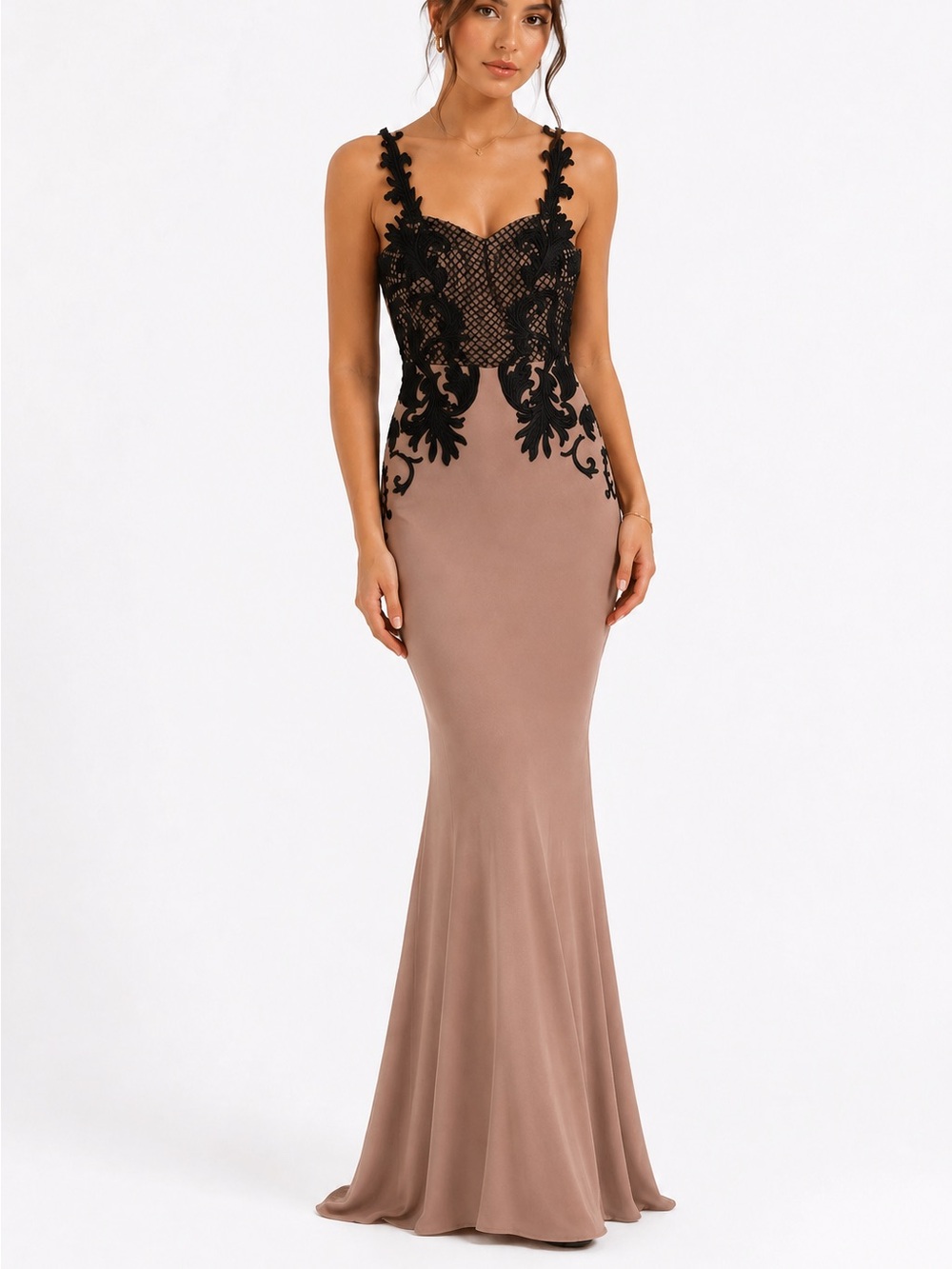 Portia & Scarlett Y2K Dress Small Nude Black Embroidered Fitted Gown Formal